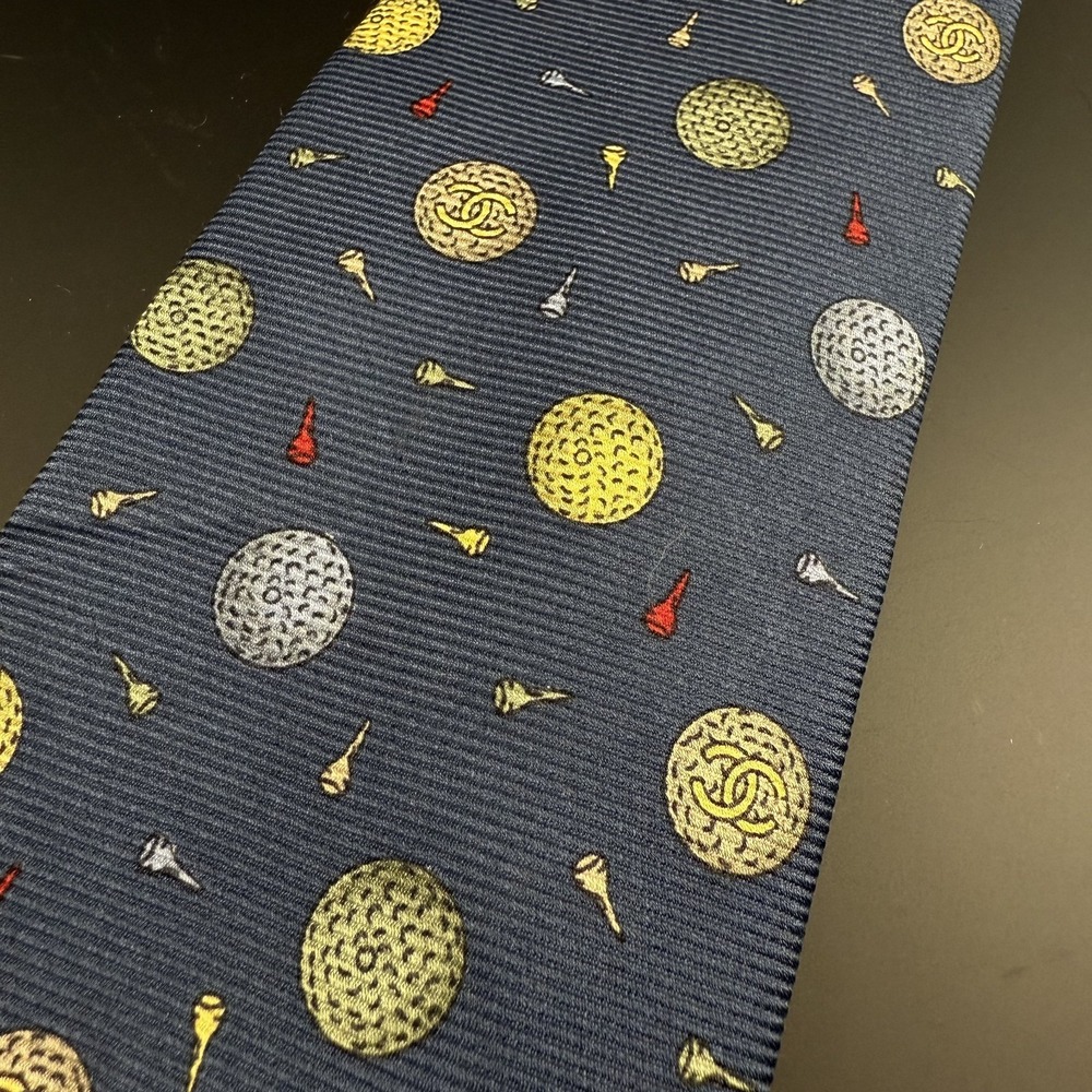 Chanel Silk Tie Blue Golf Ball Tee Pattern CC Logo France Authentic Luxury - Picture 5 of 12